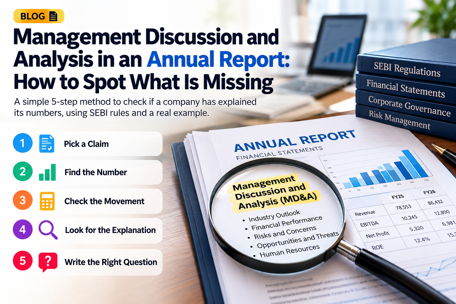 Annual report management discussion and analysis guide showing five steps to spot missing explanations