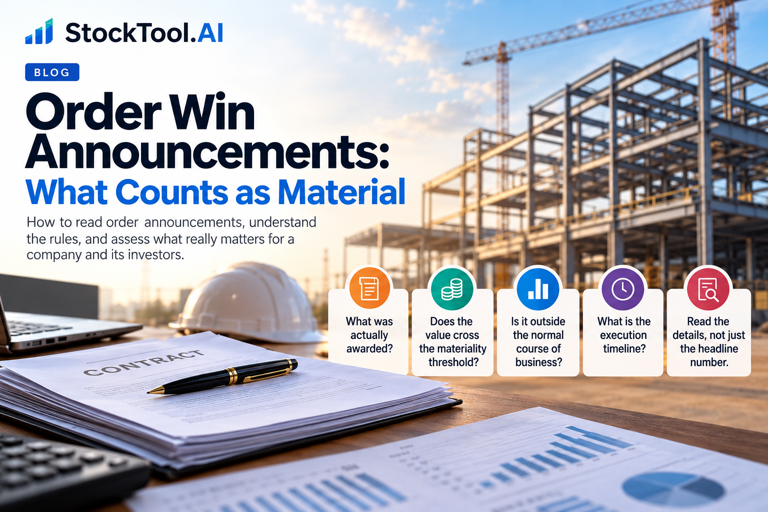Order win announcement guide showing a construction project, contract and five materiality checks