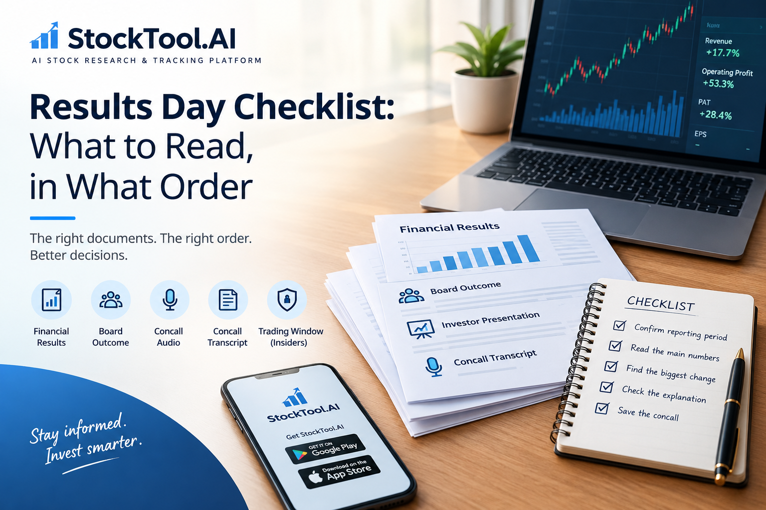 Results day checklist showing financial results, board outcome and concall documents
