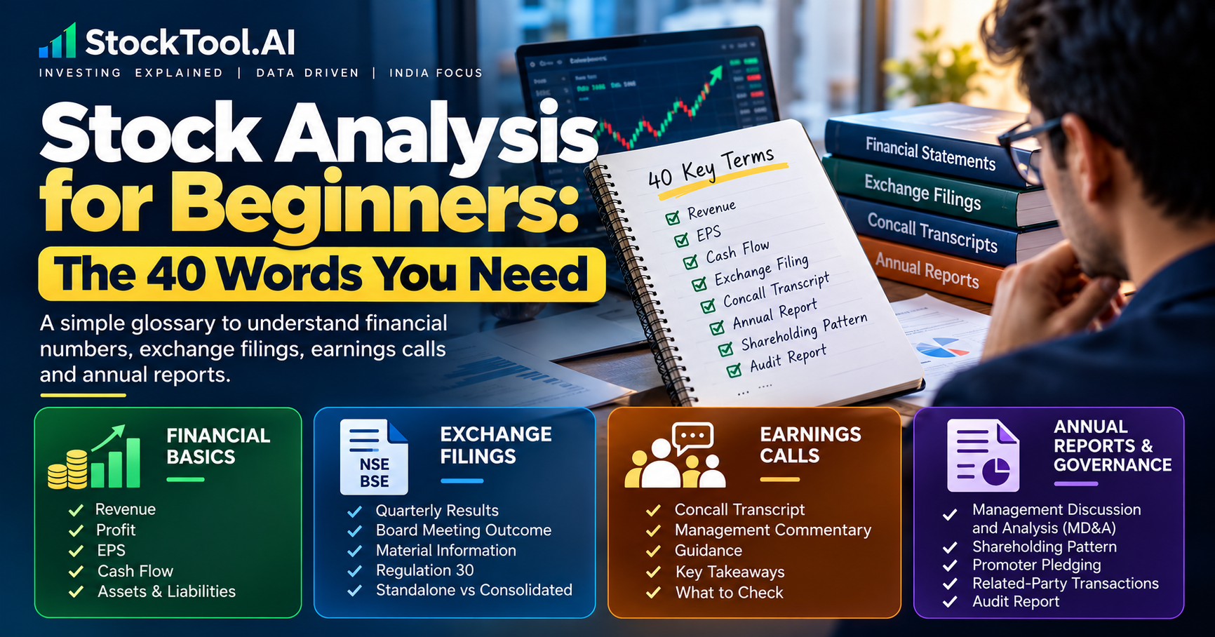 Stock analysis for beginners infographic illustrating 40 key terms across financial basics, filings, earnings calls and governance